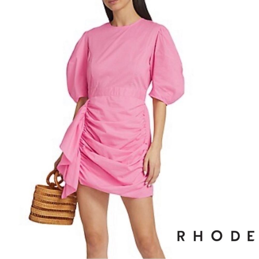 RHODE Pink Ruched Mini Dress with Puff Sleeves